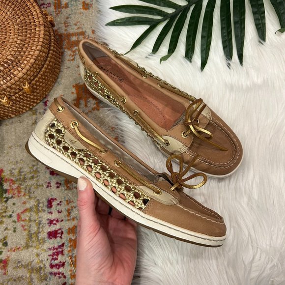 Sperry Shoes - Sperry Tan Gold Cut Out Leather Slip On Boat Shoes Preppy Women's 9